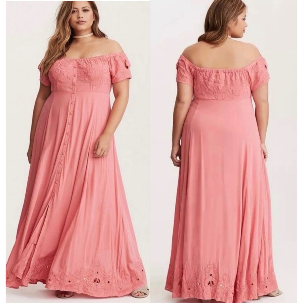 Torrid Pink Off Shoulder Embroidered Button Front Maxi Dress Plus Size 2 2X